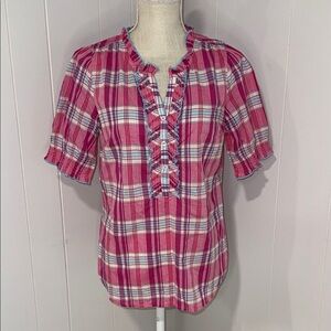 Talbots Pink Plaid Ruffle Blouse